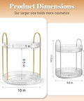 360 Degree Rotating Makeup Organizer Two Tier No Brainer Large Capacity Tray For Dresser And Vanity dimensions with gold handles.