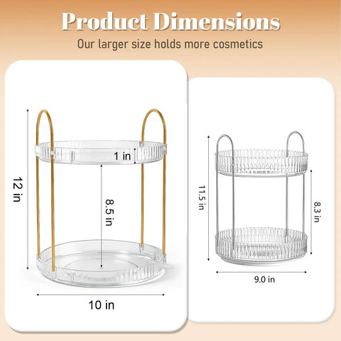 360 Degree Rotating Makeup Organizer Two Tier No Brainer Large Capacity Tray For Dresser And Vanity dimensions with gold handles.