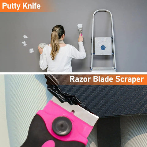 Woman using a putty knife and razor blade scraper from Pink 207 Piece Womens Tool Set With Portable 13 Inch Wide Mouth Tool Bag