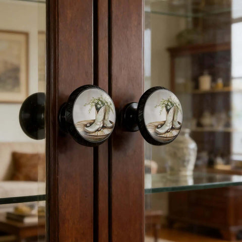 4 Pack Cowboy Boots And Daisies Cabinet Knobs Set on dark wood cupboard doors, farmhouse style hardware, round acrylic design