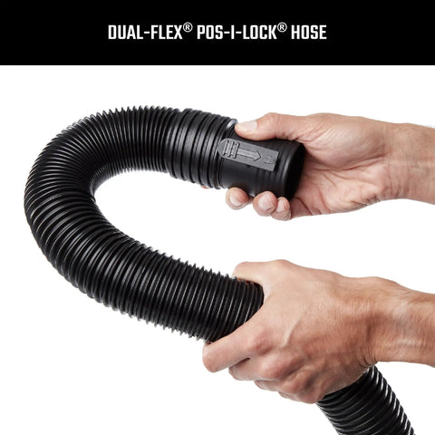 Holding 7-foot dual-flex hose from Heavy Duty Wet Dry Vac Pro Attachment Kit For Two And A Half Inch Hoses With Seven Foot Dual Flex Hose Industrial Grade Shop Vacuum Accessories For Big Cleanups And Tough Projects