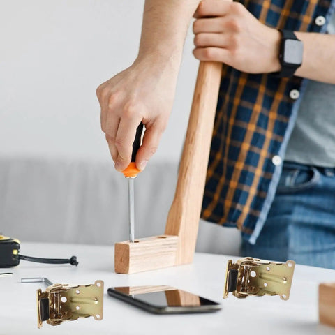 Assembling table leg using Four Foldable Metal Support Hinges for Table and Bed Legs with Locking Open Position, Spring Loaded Positive Lock.