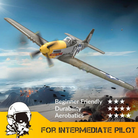Beast Ready To Fly 4CH Brushless P51D Mustang RC Plane With 500mm Wingspan RTF soaring over a battlefield with ratings shown.