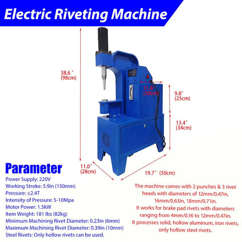Heavy Duty 220V Electric Riveting Machine With Pure Copper Motor, showing dimensions, sturdy design, and functionality for metalworking.