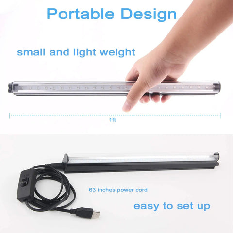 Black Light Bar 10W USB UV Blacklight Tube 1 Ft Two Pack For Glow In The Dark Parties with 63-inch cord displayed in hand