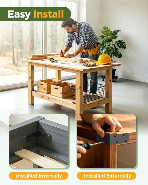 Heavy Duty 3x3x1.2 Inch L Brackets For Wood Shelves, Built Tough, Up To 150 Lbs Support, Black, 4 Pack, Pre Drilled Corner Braces For DIY Shelf Repair, Bowed Shelves, And Strong Shelf Support installed internally and externally