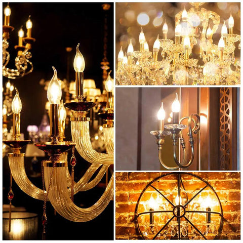 12 Pack Dimmable LED Candelabra Bulbs Flame Tip CA11 Shape, 60 Watt Equivalent, 2700K Soft White, E12 Base, CRI 90, showcased in chandeliers