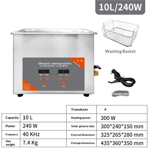 Badass Digital Ultrasonic Cleaner Machine 10L 240W Stainless Steel Heated Tank with timer controls and accessories.