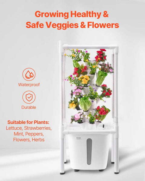 Compact 6 Tier Hydroponic Tower With Grow Lights 30 Pods Indoor Garden Kit showcasing plants and flowers in white vertical system.