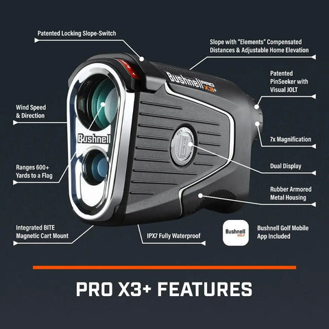 Golf Rangefinder With Wind Speed And Slope Compensation Link X3 Plus 600 Yard Range 7x Magnification Dual Display Visual Jolt Magnetic Cart Mount Real Time Wind Readout For Club Selection On The Course showing features