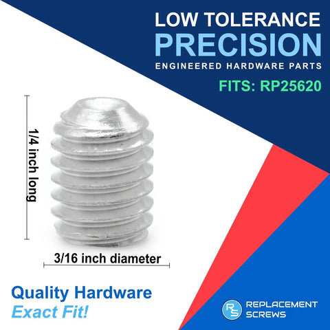 Top Shelf Replacement Set Screws Snug Fit For Delta Rp25620 Faucet Hardware Kit, 1/4 inch long, 3/16 inch diameter stainless steel fastener.