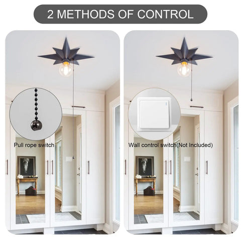 Black Star Flush Mount Ceiling Light With Pull Chain On Off Switch in hallway, two control methods displayed, modern mid-century style.