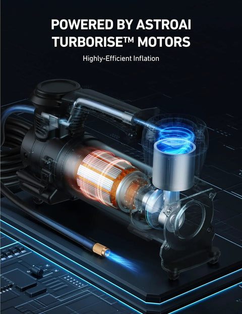 Heavy Duty 12V Air Compressor Portable Tire Pump Dropping A Solid 120 Psi Blast With Built In Led Lantern And Alligator Clamps Trail Ready For Trucks Suvs And Rv Built Like A Tank To Swallow 33 Inch Tires detailed view of Turborise motor and inflation hose.