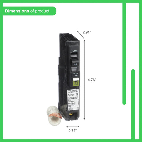QO120CAFI 20 Amp Arc Fault Breaker, Single Pole AFCI With Plug On Design, 120V, dimensions shown with product details