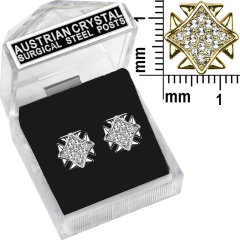Straight Up Iconic Silver Plated Crystal Square Grid Wings Earrings Featuring Real Swarovski Crystals Surgical Steel Posts with display box.