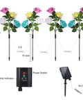 Diagram of 4 Pack Solar Rose Garden Lights with 7 Color Changing LEDs, highlighting dimensions, power switch, and solar charger.