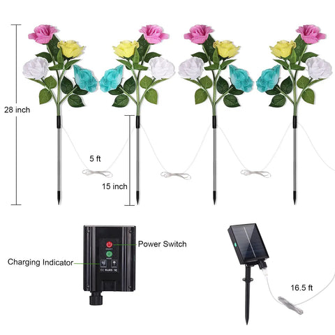 Diagram of 4 Pack Solar Rose Garden Lights with 7 Color Changing LEDs, highlighting dimensions, power switch, and solar charger.