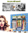 Roomy Portable Canvas Wardrobe Closet Storage Organizer Built Tough With Heavy Duty 25mm Steel Pipes And Door Hook to Max Out Your Gear, shown with colorful designs and outfits.
