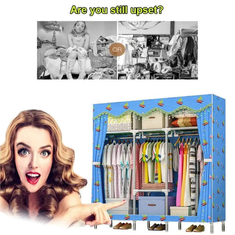 Built Different Heavy Duty Canvas Wardrobe Closet With Thick 25Mm Steel Pipes And Top Shelf Hanging Rod, Washable Breathable Shell, Foldable Roomy Storage Organizer For Clothes Shoes And Gear, Straight Up Easy Setup with colorful clothes.