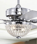 HomeStock 52-inch Modern Glam Ceiling Fan with Remote, Reversible Blades, and Crystal Chandelier detailing the crystal bowl and chrome finish.