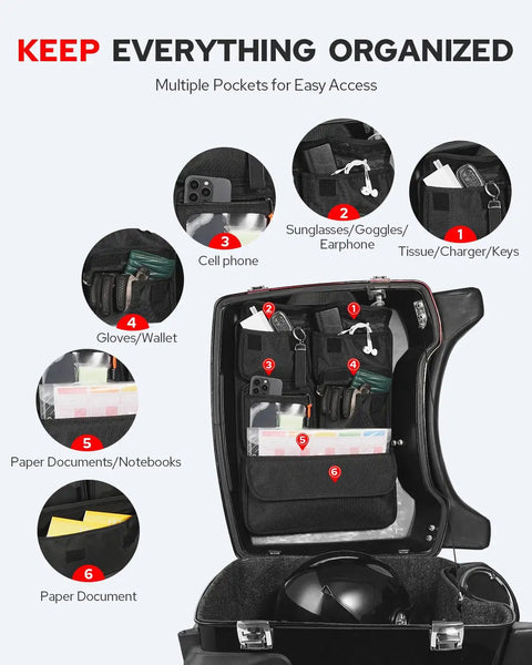 Tour Pack Lid Organizer For Motorcycles Waterproof Storage Liner Bag With Clear Pocket Fits Phones Up To 6.5 Inches And Velvet Lining displayed inside motorcycle trunk