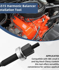Harmonic Balancer Installation Tool Kit For Chevy SBC And BBC Engines With Threaded Rod Nut Washer And Thrust Bearing Fits Chevrolet 350 Small Block And Big Block Cranks displayed in front of engine
