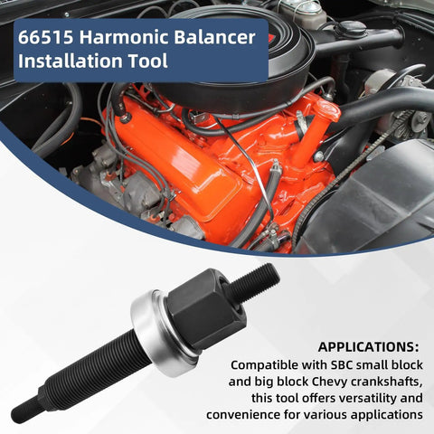 Harmonic Balancer Installation Tool Kit For Chevy SBC And BBC Engines With Threaded Rod Nut Washer And Thrust Bearing Fits Chevrolet 350 Small Block And Big Block Cranks displayed in front of engine