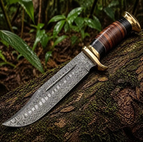 Damascus Steel Bowie Knife With Full Tang Fixed Blade For Tactical Hunting And Camping, Beast Of A Blade in forest setting.