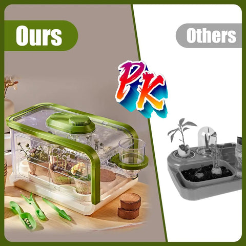 Comparison of Kid Friendly Garden Grow Kit With Drip Irrigation And Grow Lights Mini Greenhouse Terrarium Set versus another brand