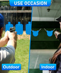 Split image of outdoor and indoor shooting with Torso Silhouette Steel Target For Shooting, One Half Inch AR500 Steel, Laser Cut 7 By 12 Inch Blue Target For Pistol And Rifle Practice, Heavy Duty Beefy Target With High Hardness For Indoor Or Outdoor Range.