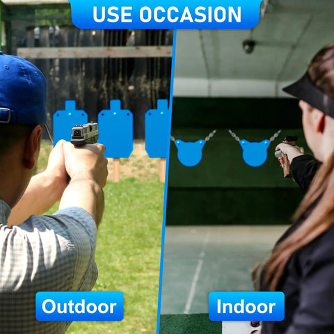 Split image of outdoor and indoor shooting with Torso Silhouette Steel Target For Shooting, One Half Inch AR500 Steel, Laser Cut 7 By 12 Inch Blue Target For Pistol And Rifle Practice, Heavy Duty Beefy Target With High Hardness For Indoor Or Outdoor Range.