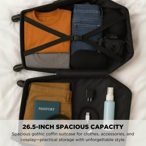 Open coffin shaped carry on luggage with lock 26.5 inch gothic hard shell suitcase in black showing packed clothes and travel essentials.