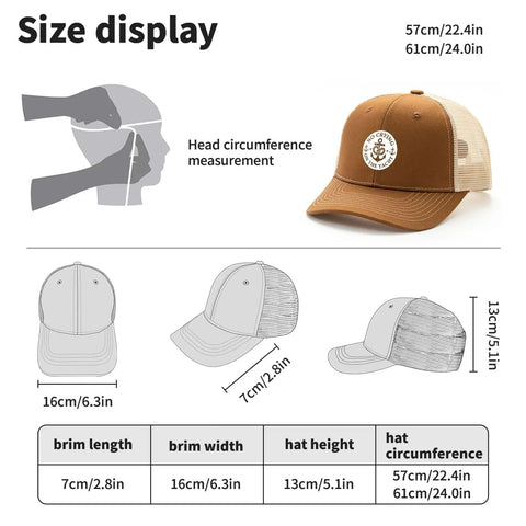 Vintage Brown Trucker Hat For Women With Distressed Look And Anti Sweat Band size chart and measurements