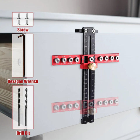 Adjustable Cabinet Hardware Jig And Handle Template Tool Crafted From Heavy Duty Aluminum For Smooth Woodworking Projects No Sweat Drilling showing nine hole layout.