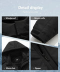 Detail of Men's Mountain Ski Jacket With Hood Waterproof Winter Snow Coat Fleece Lining Parka - hood, zipper, cuffs.