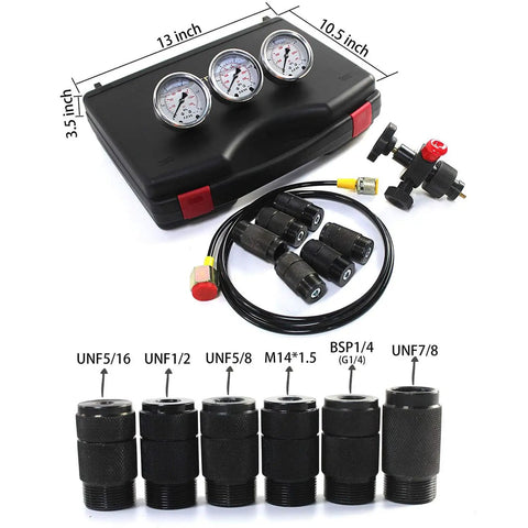 Hydraulic Nitrogen Accumulator Charging System Pressure Gauge Diagnostic Tool With 3 Gauges, 7 Couplings And 1 Gas Hose, Pro Grade Nitrogen Charging Tools And Pressure Test Kit For Hydraulic Accumulators