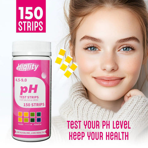 PH Test Strips For Home Use, 150 Count, Range 4.5 To 9, Urine And Saliva Monitoring, Litmus Paper For Wellness bottle with woman smiling