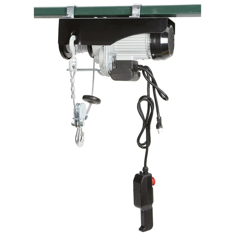 Strongway 1100 Lb Electric Cable Hoist With 2200 Lb Double Line Capacity For Garage Use Features motor, remote, and hoist chain visible.
