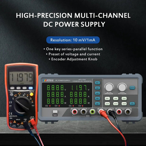 32V 6A Adjustable Multi Channel DC Power Supply MPS-3264 with multimeter, displaying voltage measurement, lab settings