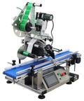 Big Time Automatic Desktop Conveyor Labeler For Flat Bottles And Merchandise Plug And Play Sticker Applicator with blue conveyor.