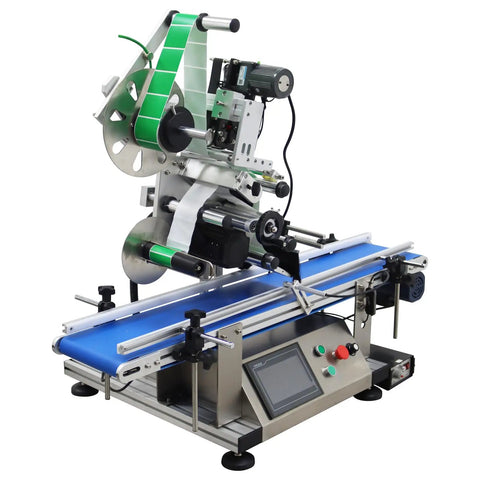 Big Time Automatic Desktop Conveyor Labeler For Flat Bottles And Merchandise Plug And Play Sticker Applicator with blue conveyor.