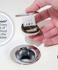 The Real Deal Drain Protector And Hair Catcher Combo For Bathtubs And Sinks Chrome Finish catching hair in a sink.