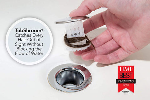 The Real Deal Drain Protector And Hair Catcher Combo For Bathtubs And Sinks Chrome Finish catching hair in a sink.