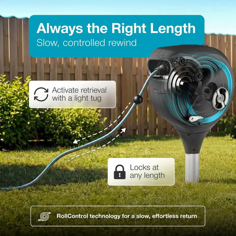 Automatic Retractable Garden Hose Reel With 66 Feet Reach 360 Degree Swivel Metal Spike Base Easy Install No Tool Needed UV Resistant Housing Smooth Auto Rewind And Lock Durable Yard Hose Organizer mounted in lawn, hose extended