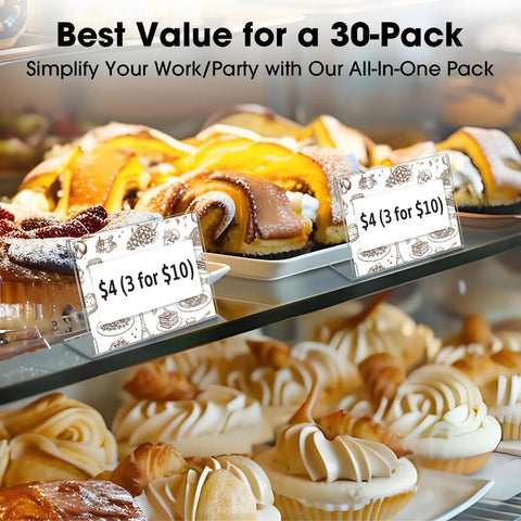 30 Piece Small Acrylic Sign Holders Three And A Half By Two Inches Clear Tabletop Display Stands showing pastry prices.