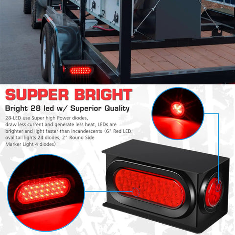 Trailer Lights Welded Mount Heavy Duty Steel Boxes Kit With 6 Inch Oval Red LED Tail Lights And 2 Inch Round Red LED Side Lights Grommet Wire Connectors 2 Pack on trailer, highlighting bright LED illumination.
