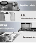 Semi Automatic Espresso Machine With Built In Grinder And Steam Milk Frother 20 Bar Pressure Pump 95 Oz Water Tank Silver showing top cup holder, 2.8L water tank, grinding bucket, and removable tray.