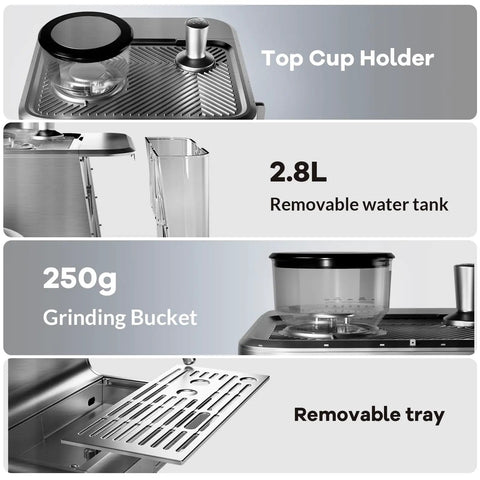Semi Automatic Espresso Machine With Built In Grinder And Steam Milk Frother 20 Bar Pressure Pump 95 Oz Water Tank Silver showing top cup holder, 2.8L water tank, grinding bucket, and removable tray.