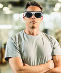 Man wearing Kickass Protective Eyewear And Safety Glasses With Lenses For Welders Lightweight Adjustable Fit Anti Scratch 10 Piece Pack.