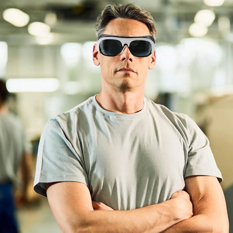 10 Pack Badass Welding Safety Goggles Tough As Nails Anti Scratch Eye Protection Adjustable Fit With Nose Pads And Ear Hooks worn by a man.